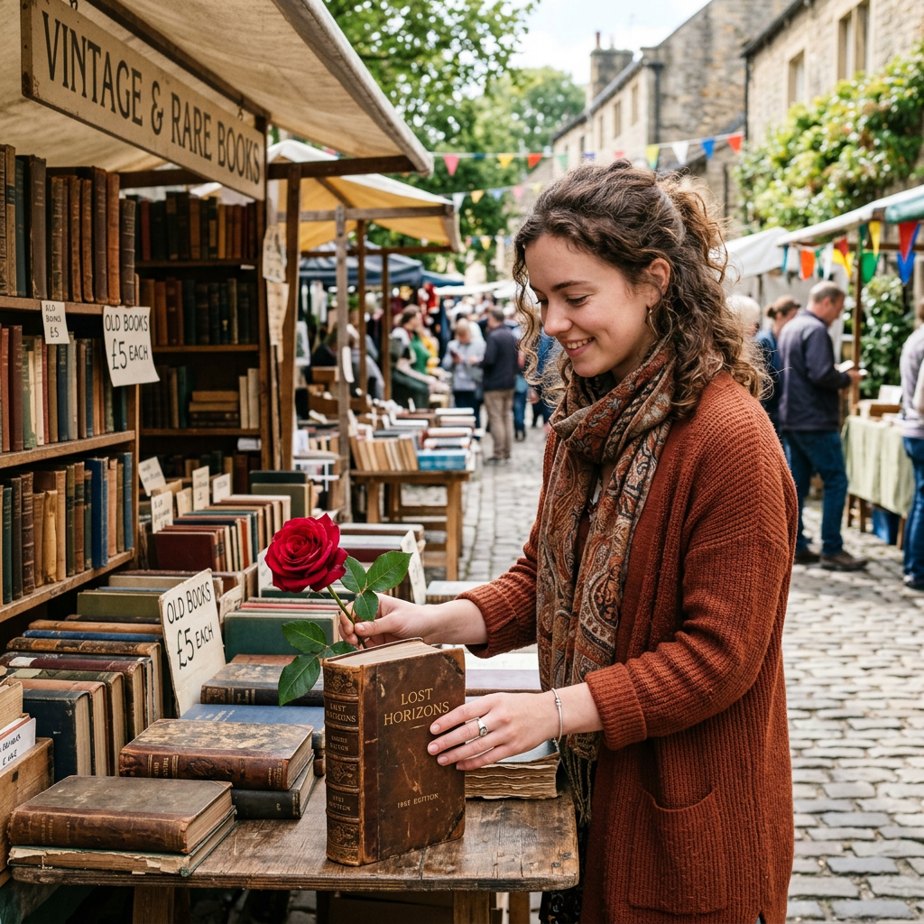 Young woman holding a red rose and vintage book at outdoor book market