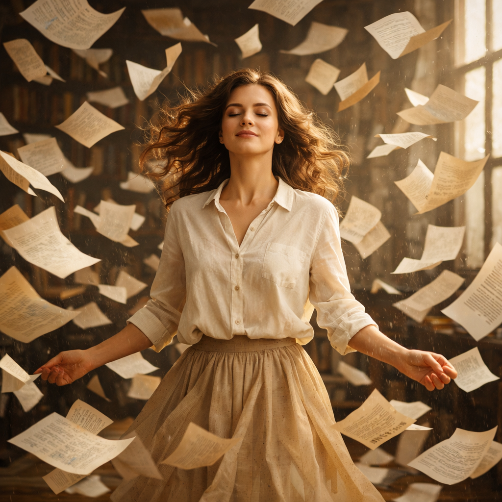 Woman with closed eyes standing calmly as papers float around her