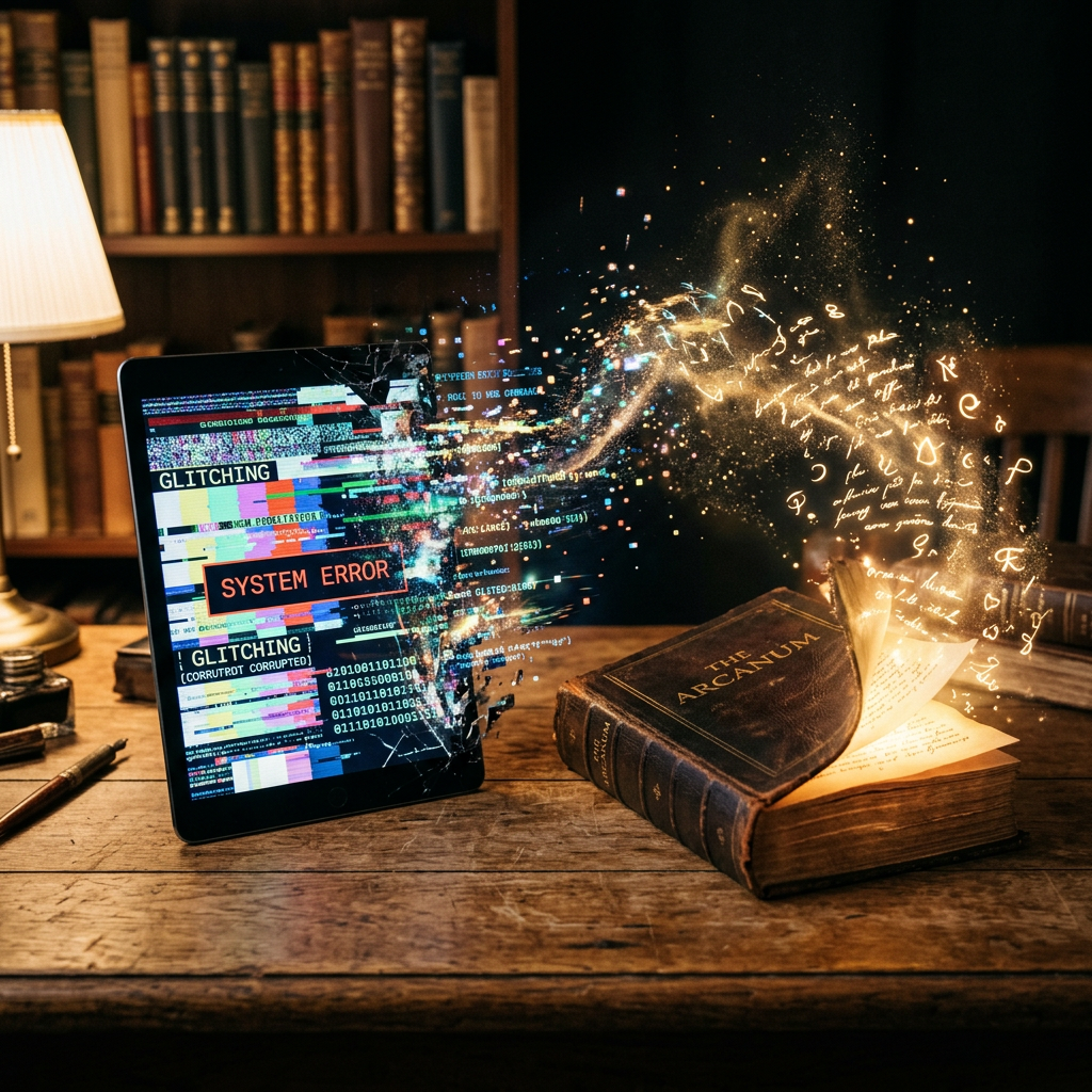 Tablet displaying system error glitching beside an ancient glowing book titled 'The Arcanum' with magical letters floating above