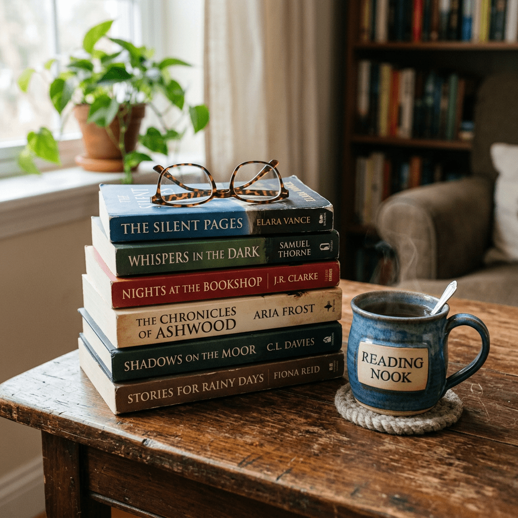 Stack of six books with reading glasses on top and a steaming mug labeled 'Reading Nook' beside them