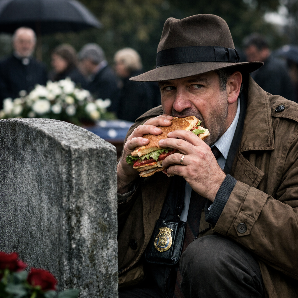 Man in detective badge and fedora eating a sandwich by a gravestone