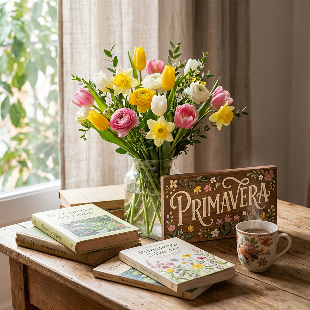 Vase with yellow, pink, and white flowers, books about gardening, wooden Primavera sign, and floral teacup with steam