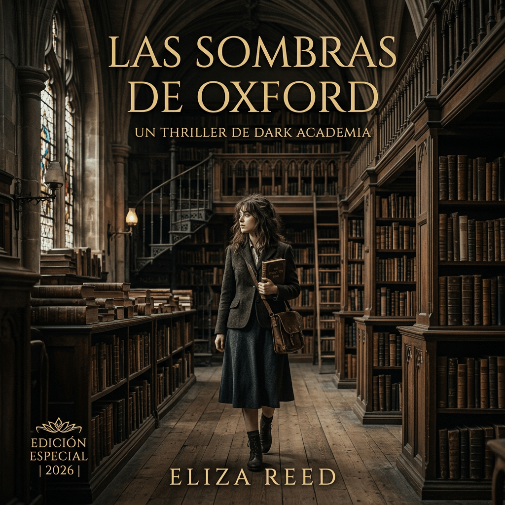 Young woman holding a book walking in a historic library with wooden shelves and stained glass windows