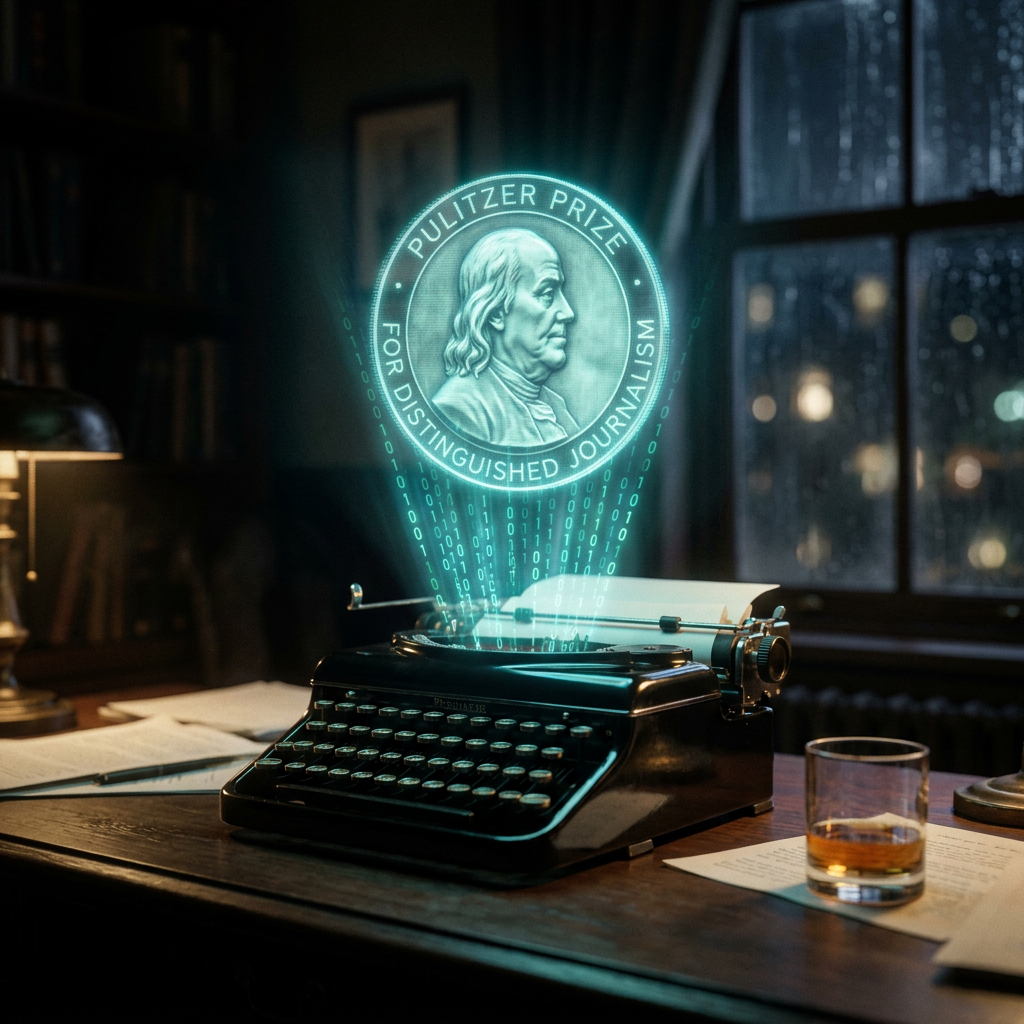 Vintage typewriter with Pulitzer Prize hologram projection above it