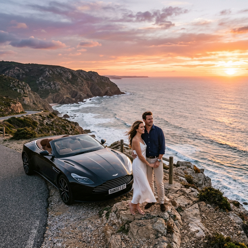 Couple standing on rocky cliff near black convertible overlooking ocean at sunset