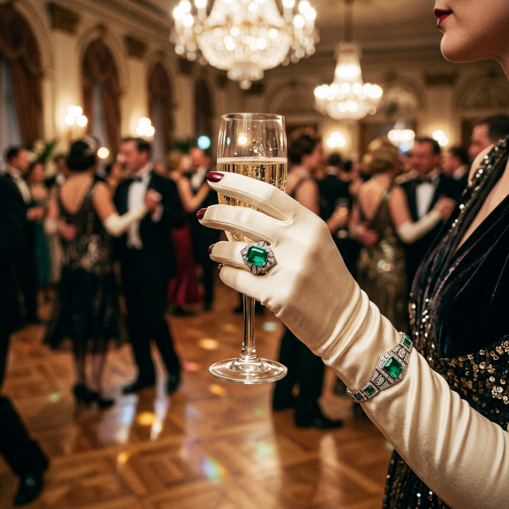 Woman wearing satin gloves and emerald jewelry holding a champagne flute in a ballroom