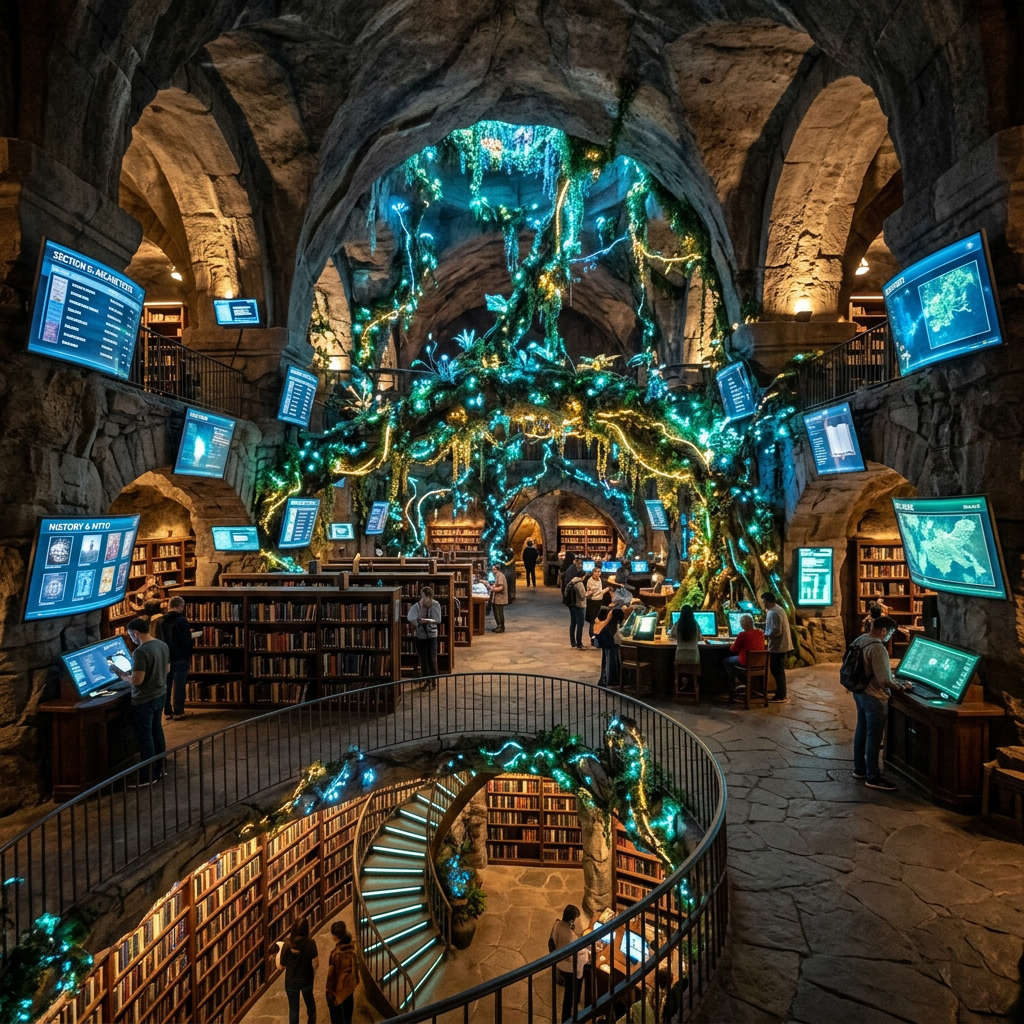Spacious library with glowing blue and yellow vines, digital information screens, and people browsing bookshelves.
