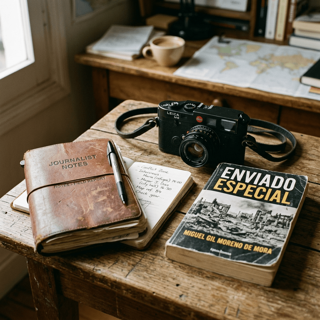 Leather notebook labeled Journalist Notes with pen, open notebook with notes, Leica camera, and book titled Enviado Especial on wooden desk