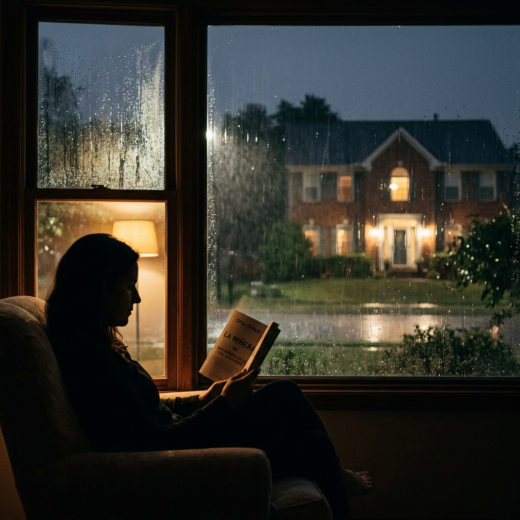 Woman sitting in armchair reading a book near a rainy window with a lit lamp behind