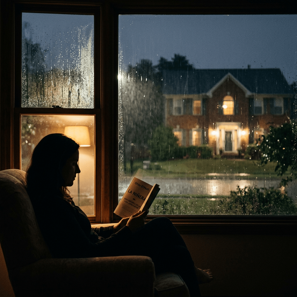 Woman sitting in armchair reading a book near a rainy window with a lit lamp behind