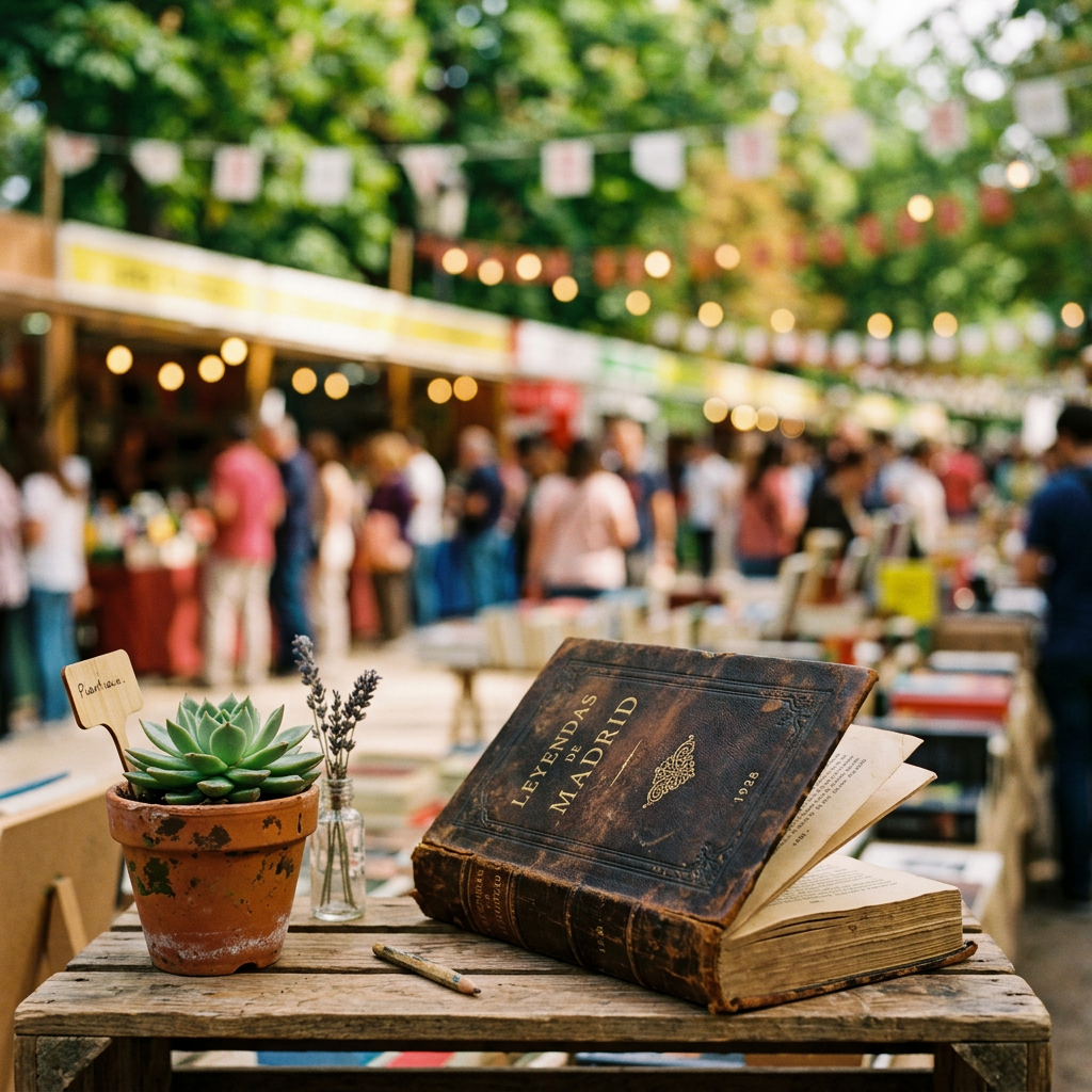 Vintage book 'Leyendas de Madrid' on wooden table with potted succulent and lavender at outdoor book market