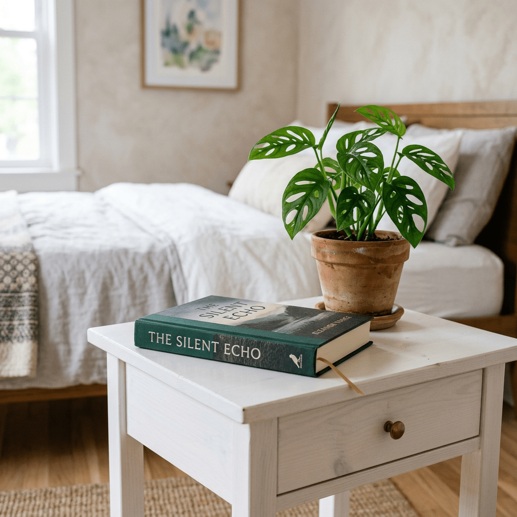 Bedside table with potted plant and book titled The Silent Echo in a cozy bedroom