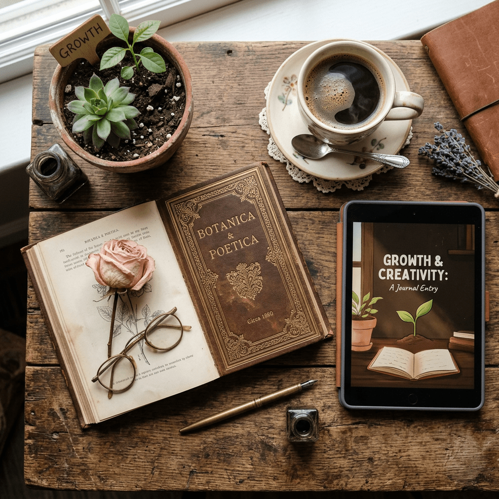 Wooden table with open botanical book, glasses, dried rose, potted plants, coffee cup, tablet showing journal entry titled Growth & Creativity