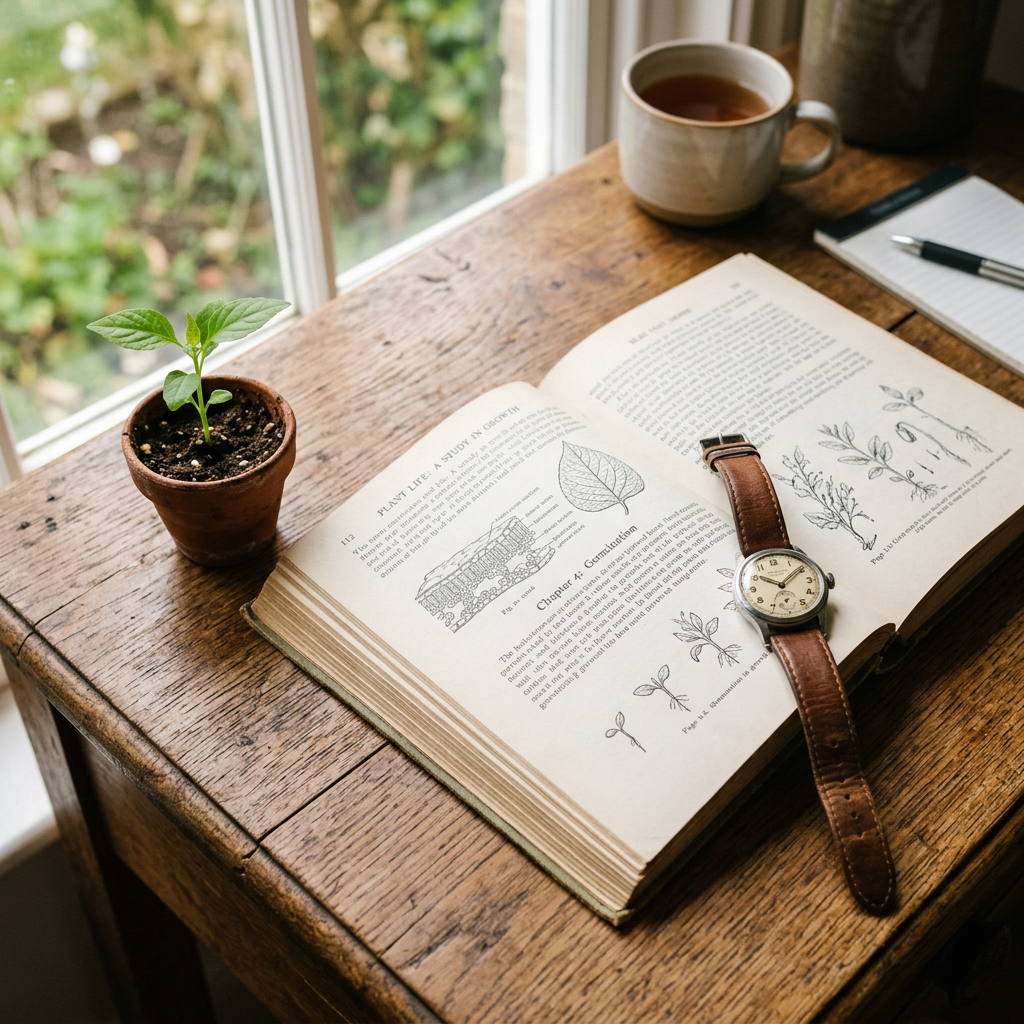 Open book with botanical drawings on a wooden desk, small plant in pot, vintage watch, cup of tea, and notebook with pen