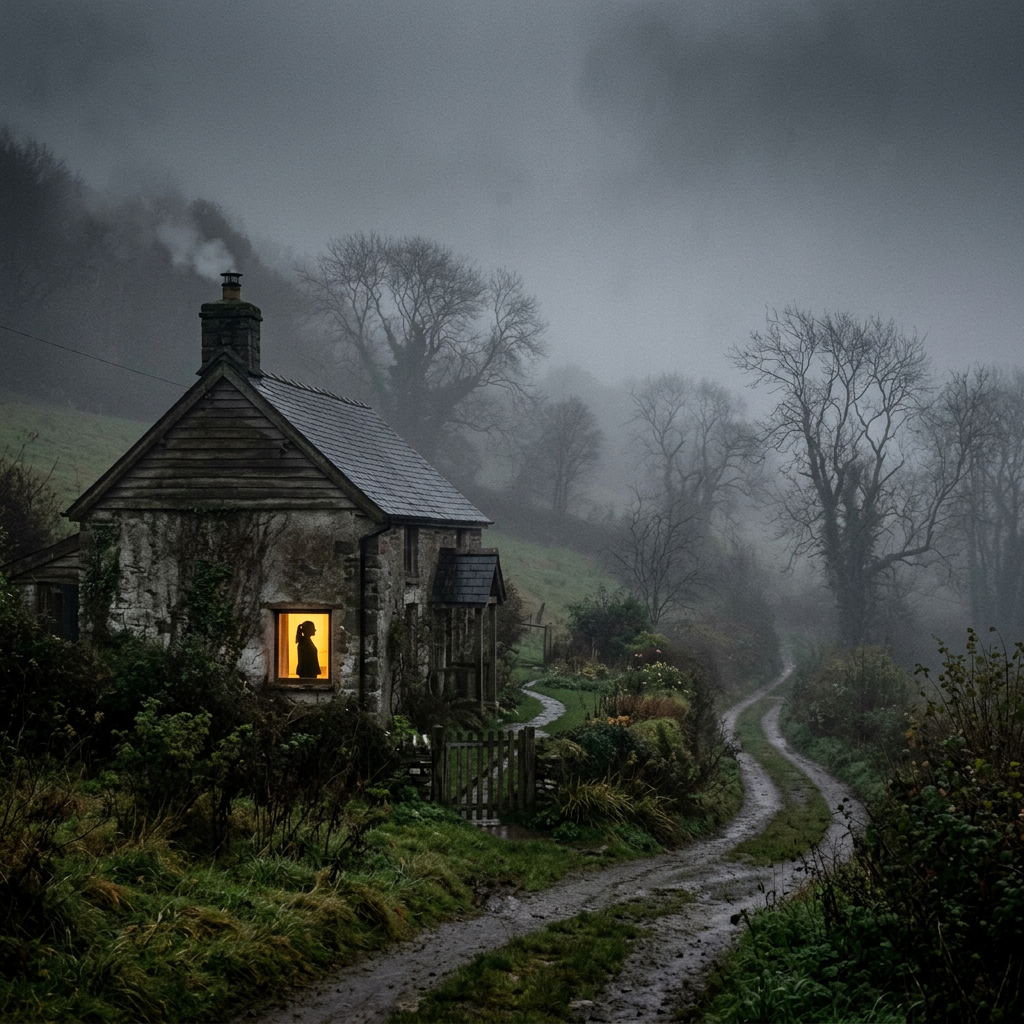 Stone cottage with lit window and silhouette of a person inside on a foggy evening