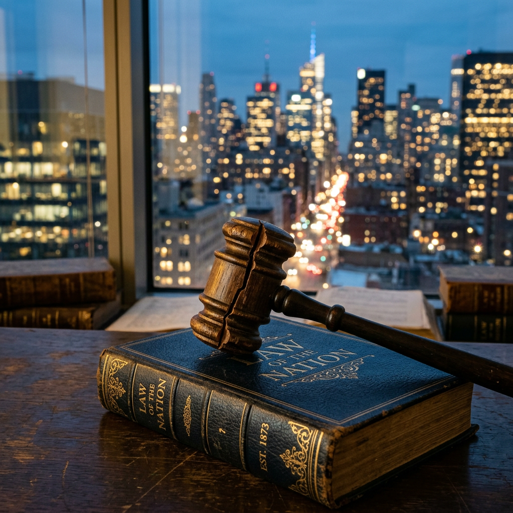 Wooden gavel on blue law book titled 'Law of the Nation' on a desk