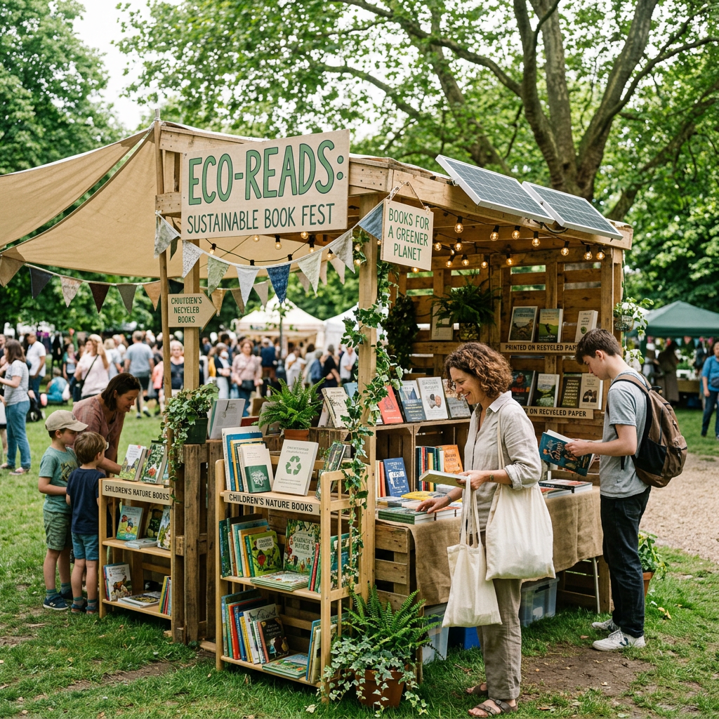 Outdoor book stall with signs reading 'ECO-READS: SUSTAINABLE BOOK FEST' and 'BOOKS FOR A GREENER PLANET', featuring eco-themed books and solar panels