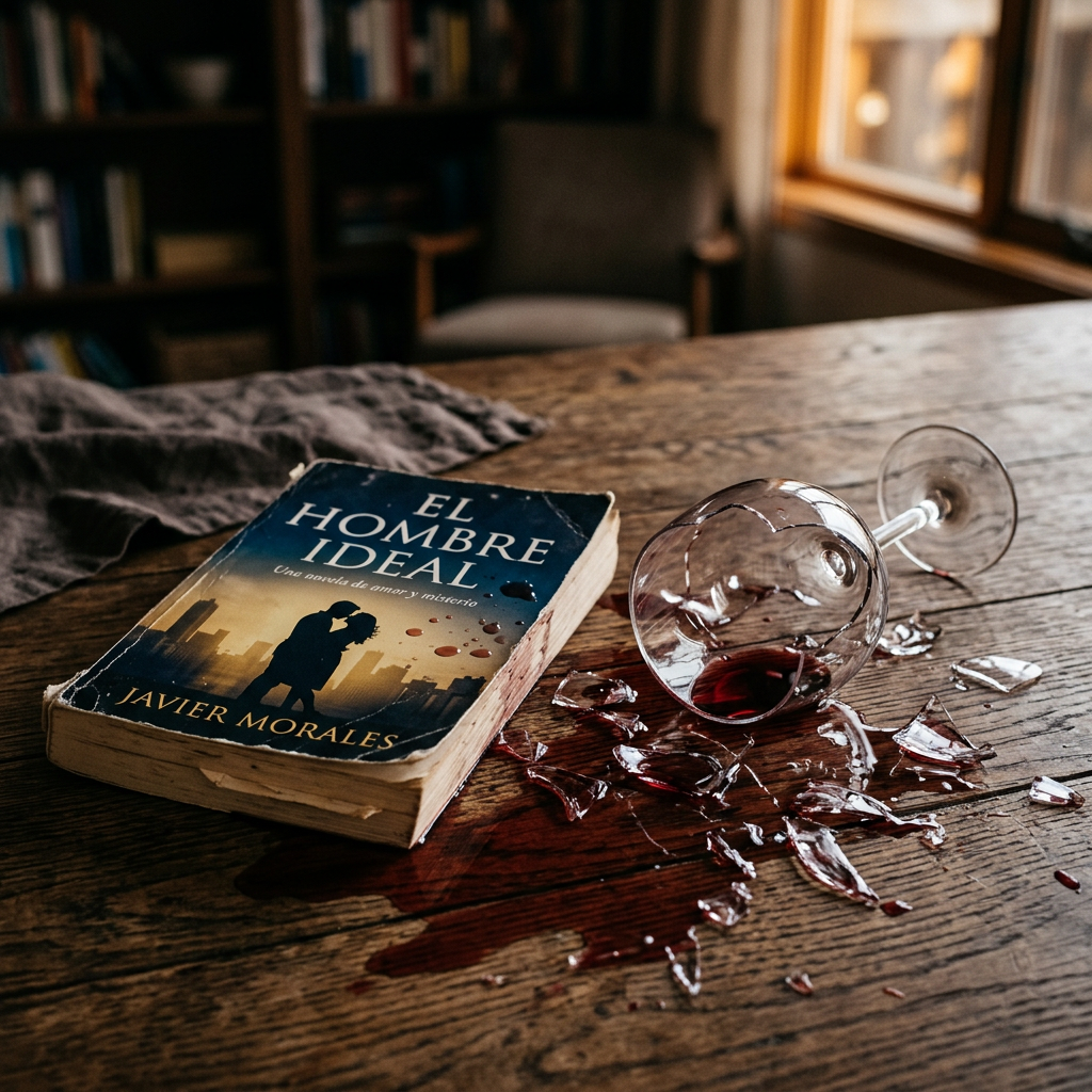 Worn book 'El Hombre Ideal' next to broken red wine glass on wooden surface