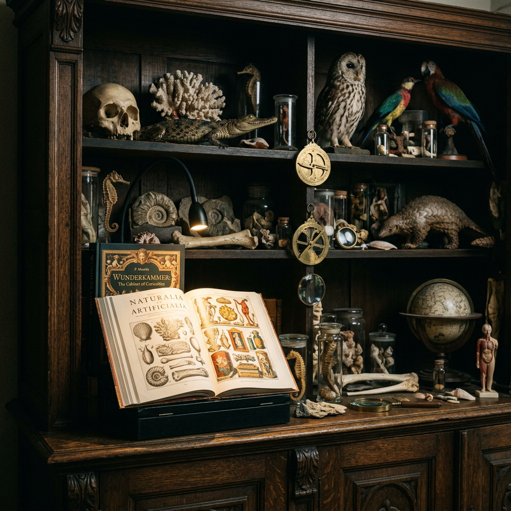 Wooden cabinet with specimens, an open book of natural illustrations, and scientific instruments