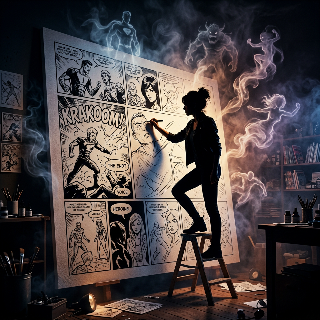 Silhouette of artist drawing a giant comic book page with smoky superhero figures