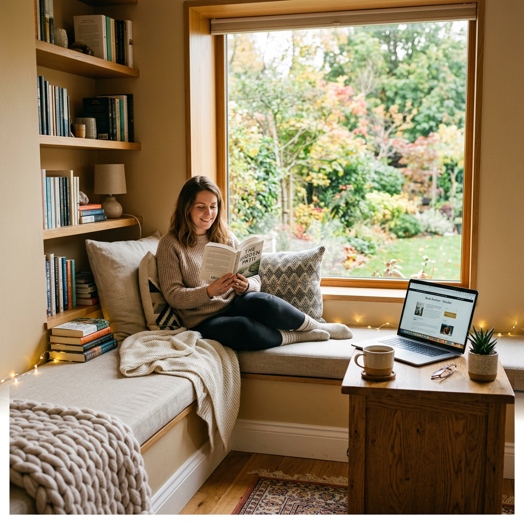 Woman reading a book on a cushioned window seat surrounded by books and a laptop
