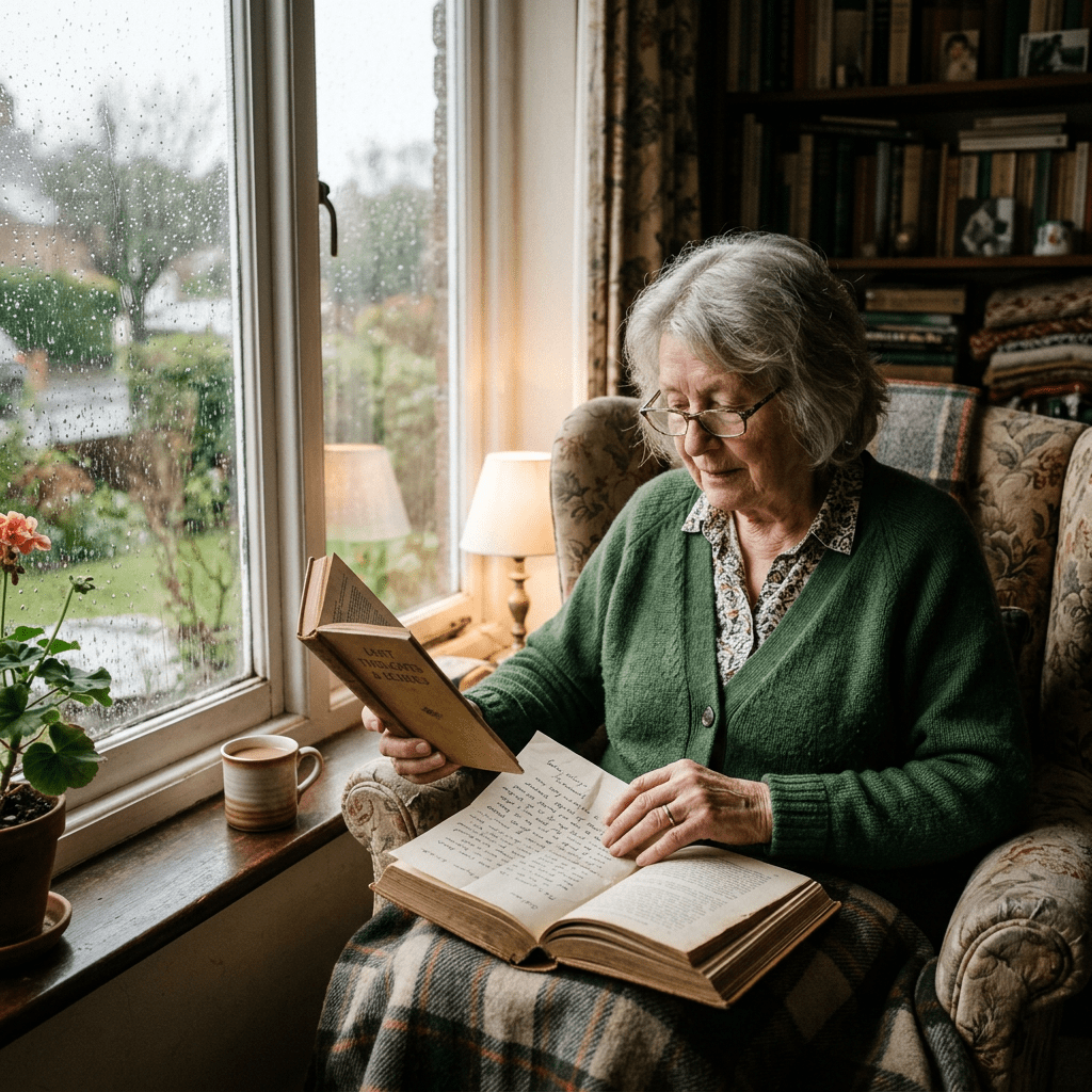 Elderly woman reading two books while sitting by a window on a rainy day