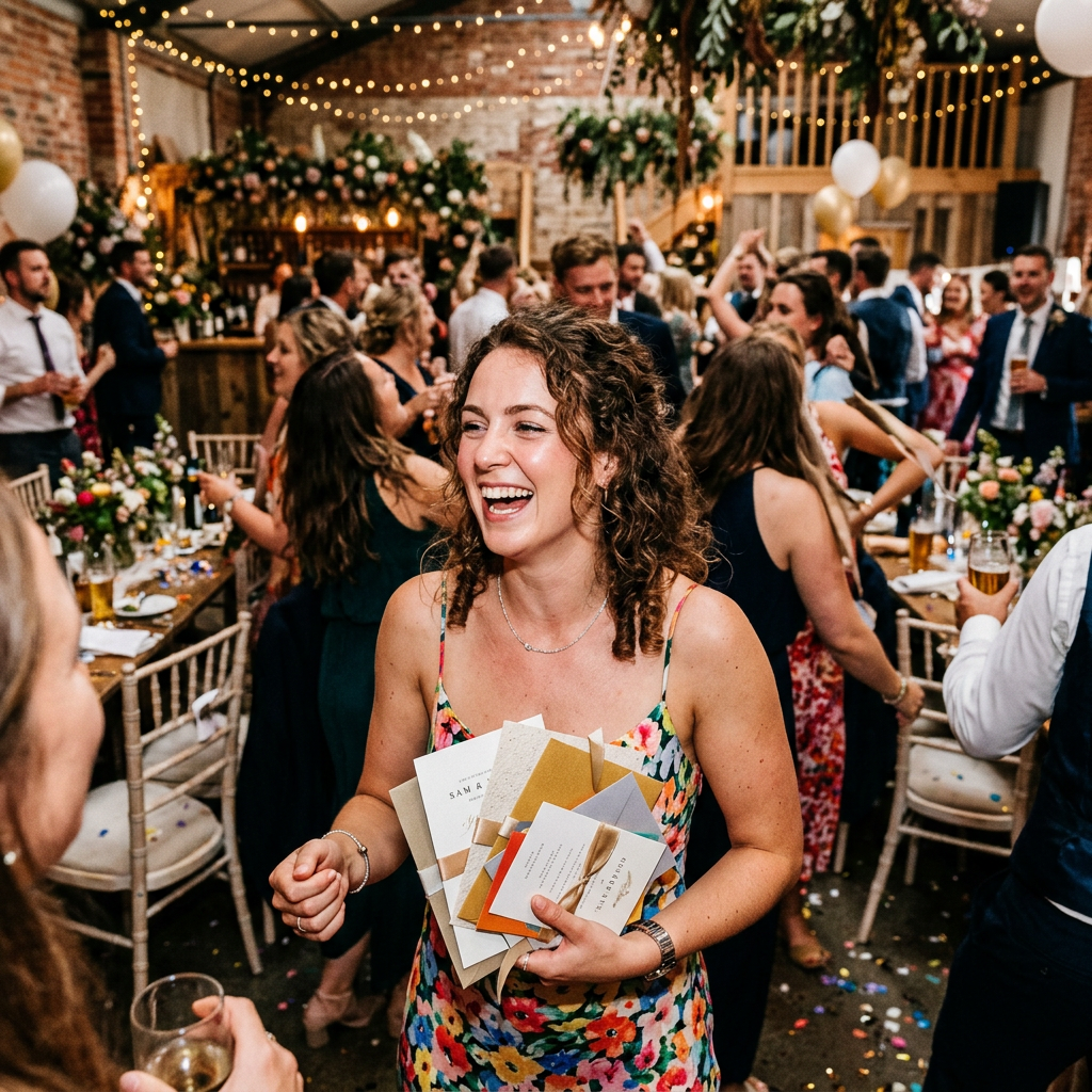 Smiling woman holding a stack of wedding cards at a celebratory reception with guests
