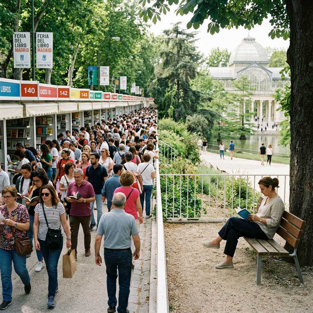 Crowd at Madrid Book Fair stalls and woman reading on park bench