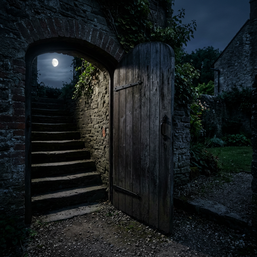 Open wooden door in stone archway revealing stone steps under moonlight