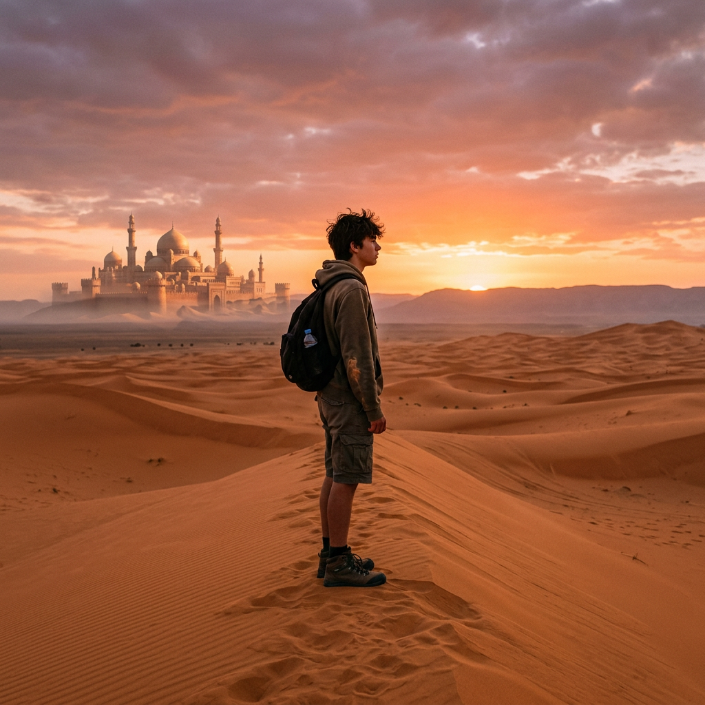 A person with backpack standing on a sand dune looking at a palace in the desert at sunset