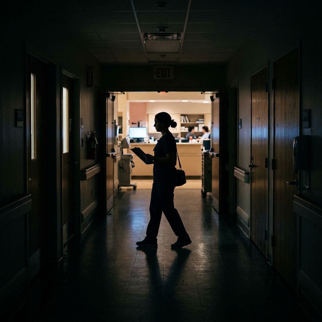 Silhouette of a nurse holding a clipboard walking in a dark hospital hallway towards a brightly lit nurses' station