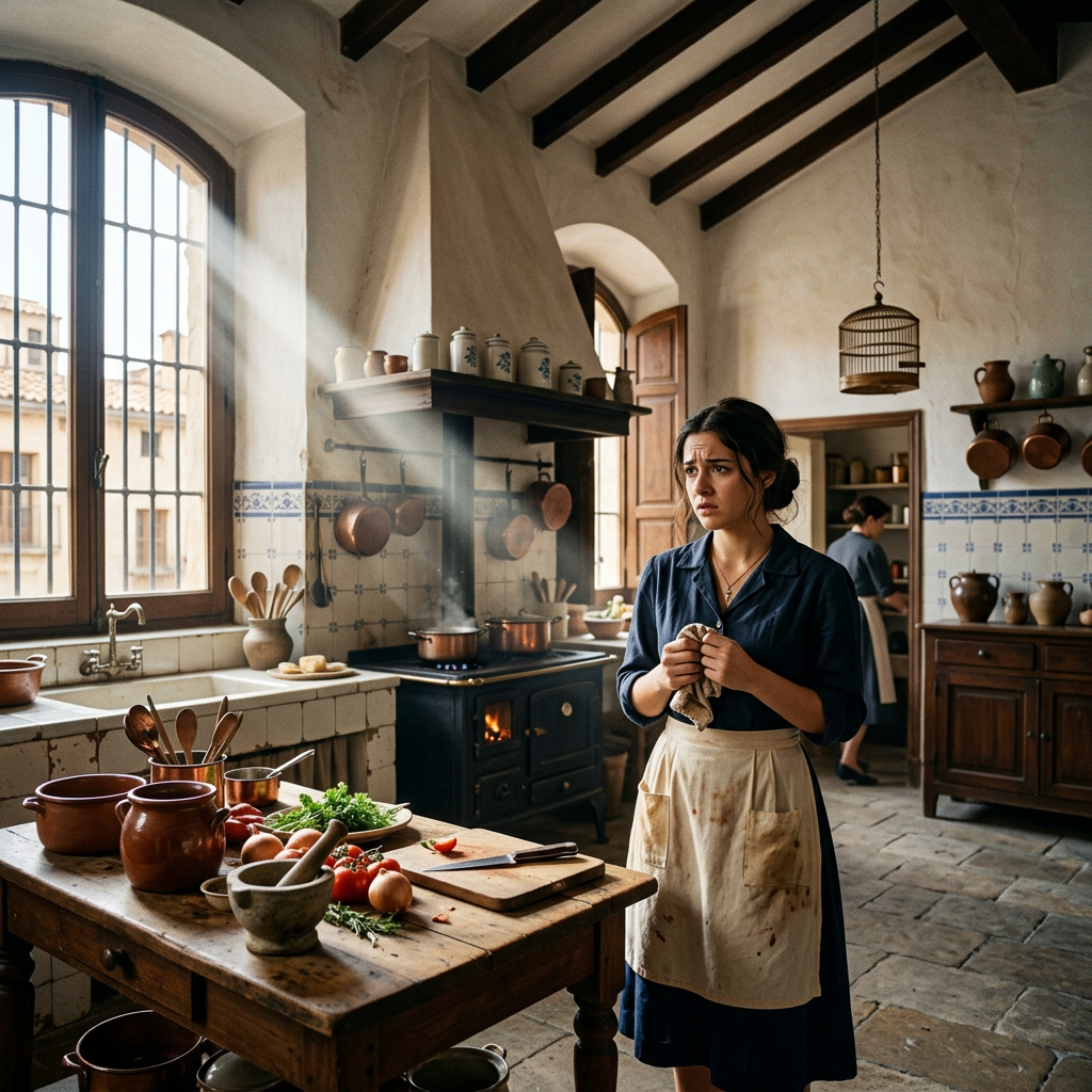 Young woman in apron in rustic kitchen with pots, vegetables, and stove