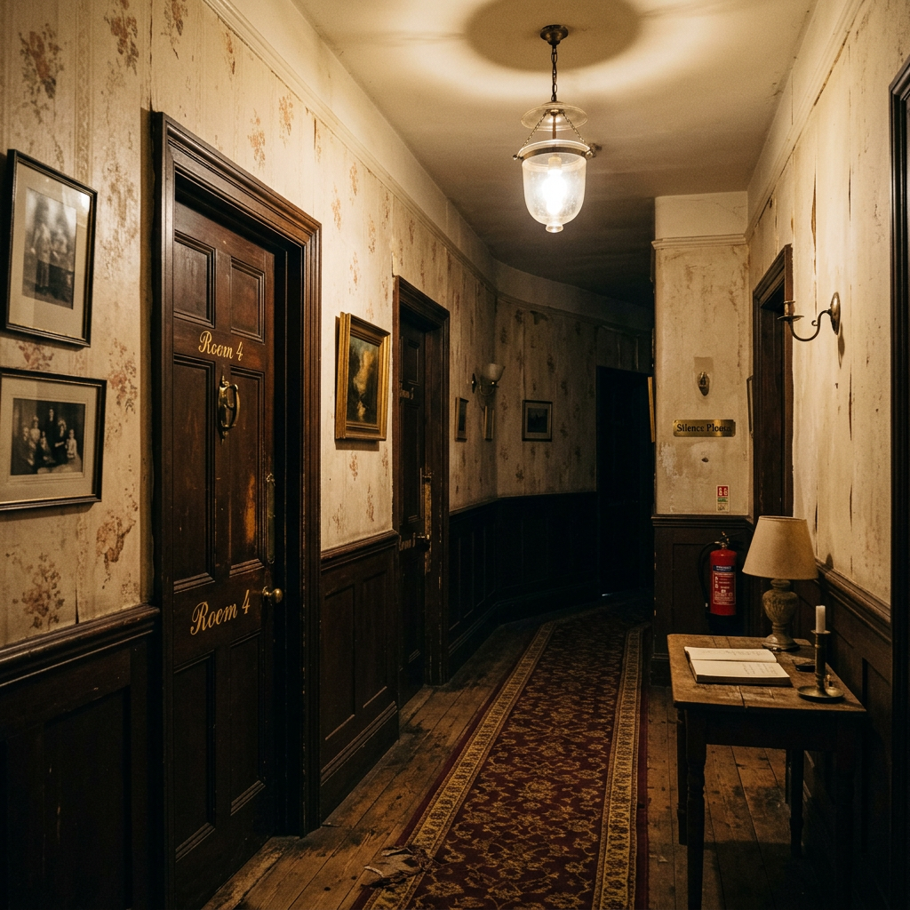 Dimly lit hallway in an old building with wooden doors labeled Room 4 and vintage wallpaper