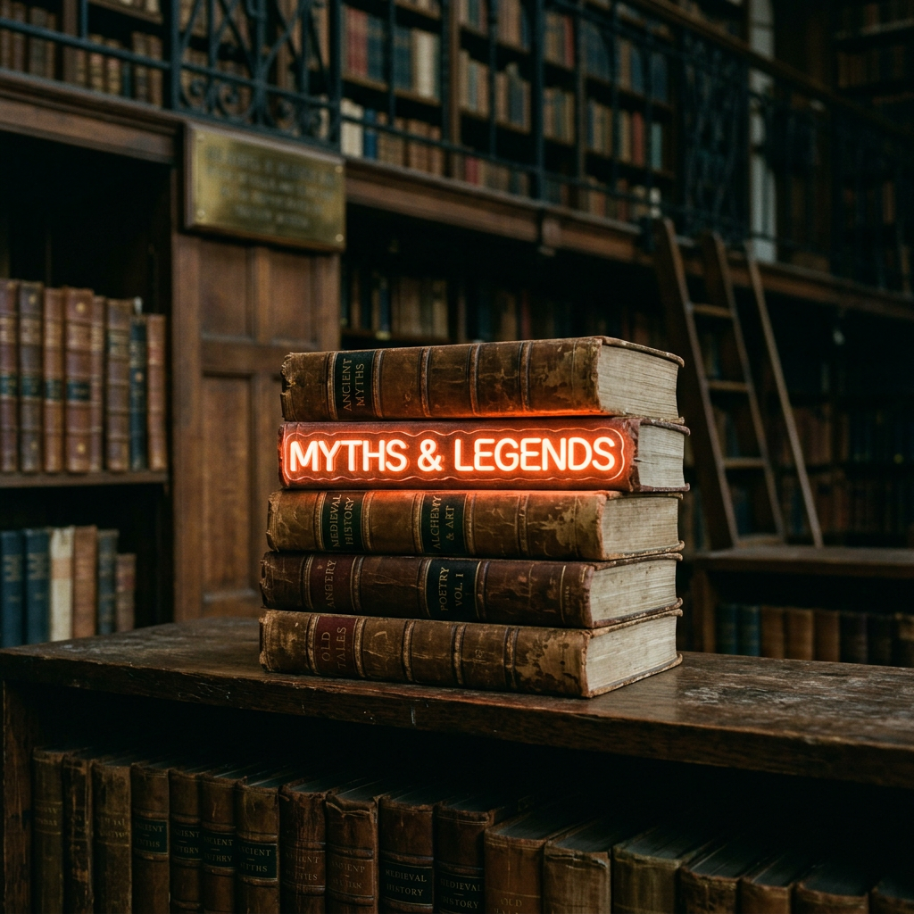 Stack of old books labeled with historical and mythical topics with neon text 'MYTHS & LEGENDS'