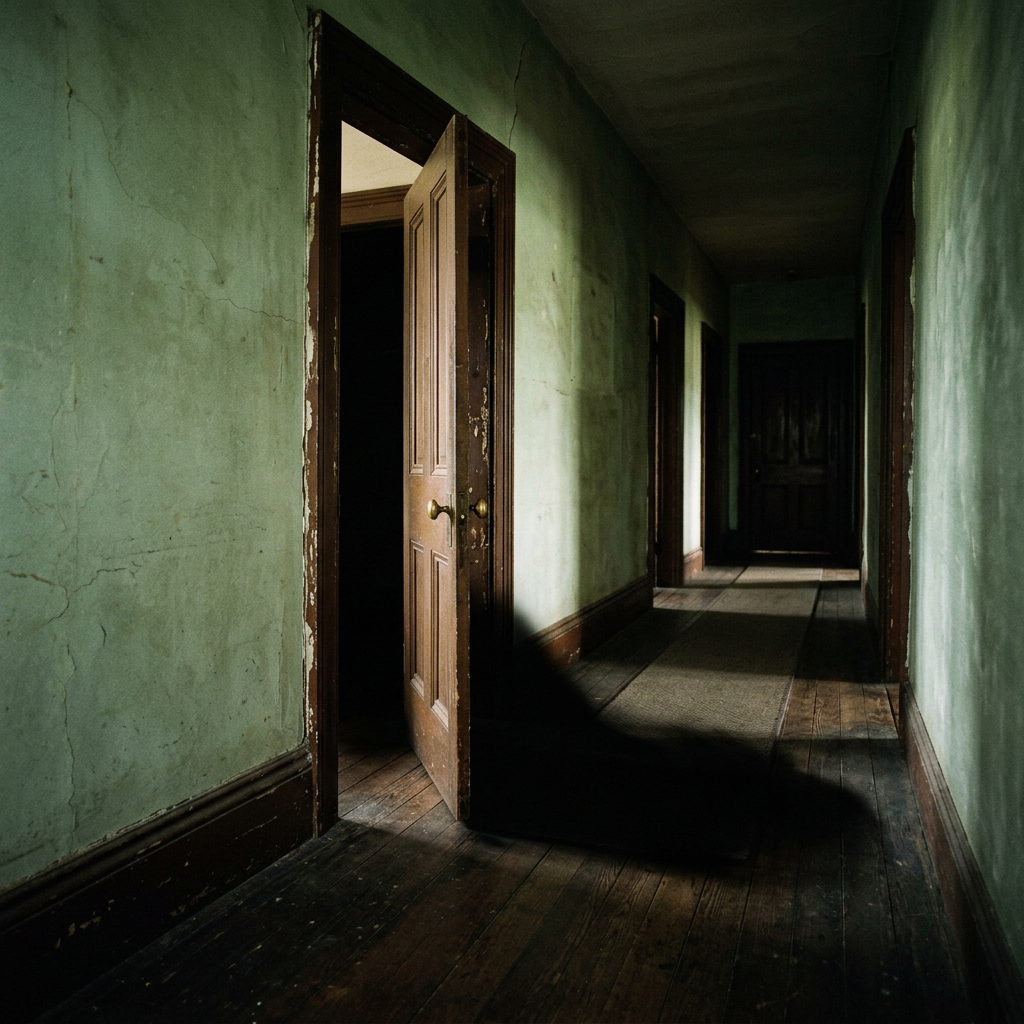 Dim hallway with green cracked walls, wooden floor, and partially open brown door