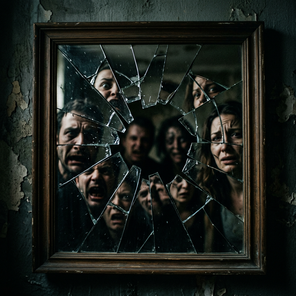 Several frightened faces reflected in a broken mirror