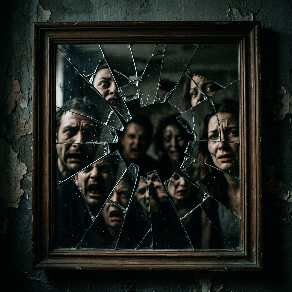 Several frightened faces reflected in a broken mirror
