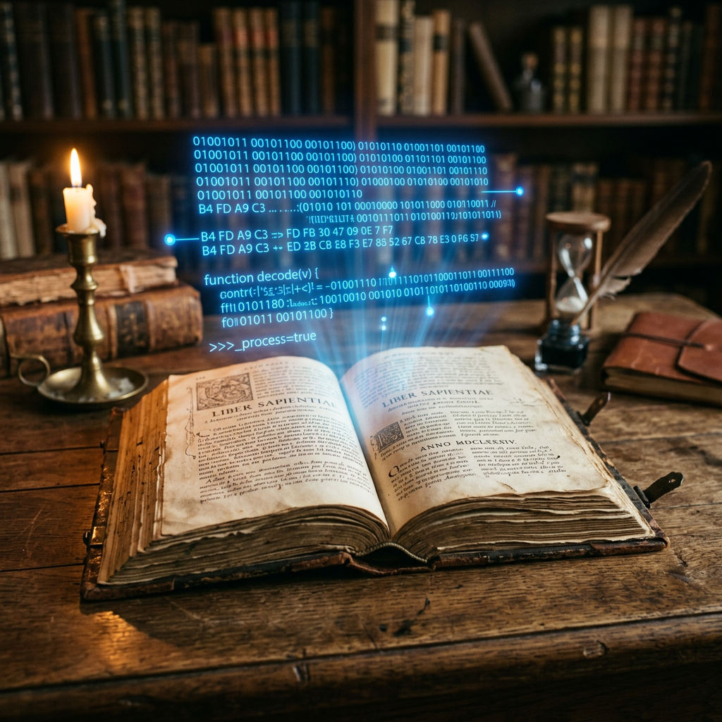 Old open book with blue digital code above