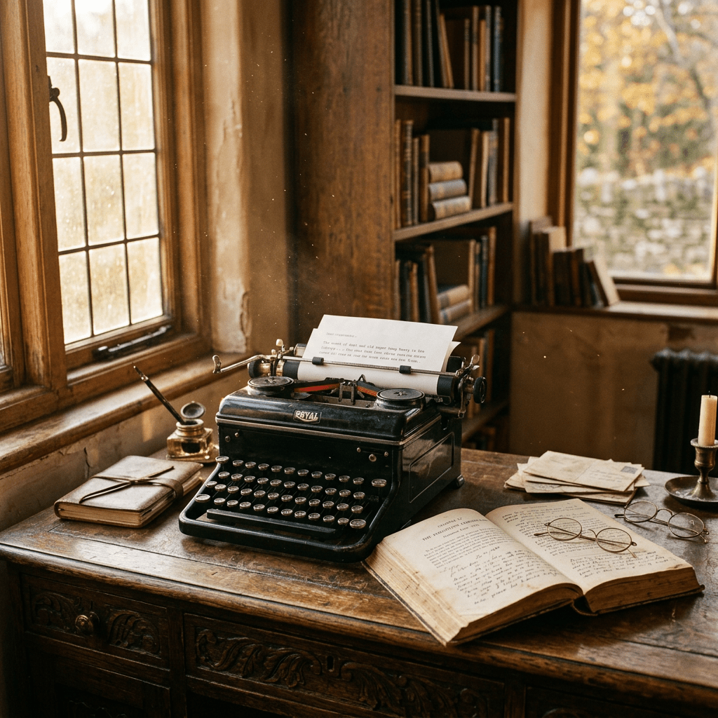 Antique desk, typewriter, open book, dusty light