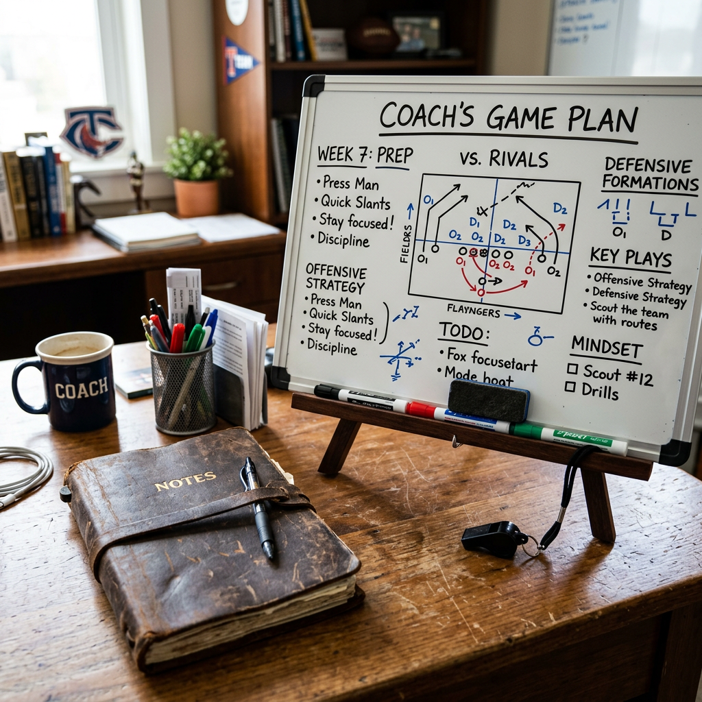 Whiteboard with a coach's game plan including strategies, formations, and key plays next to a notebook and coach's mug