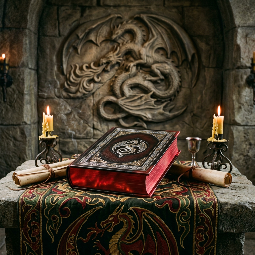 A decorated book with a dragon emblem on a stone altar with candles, scrolls, and a dragon carving in the background