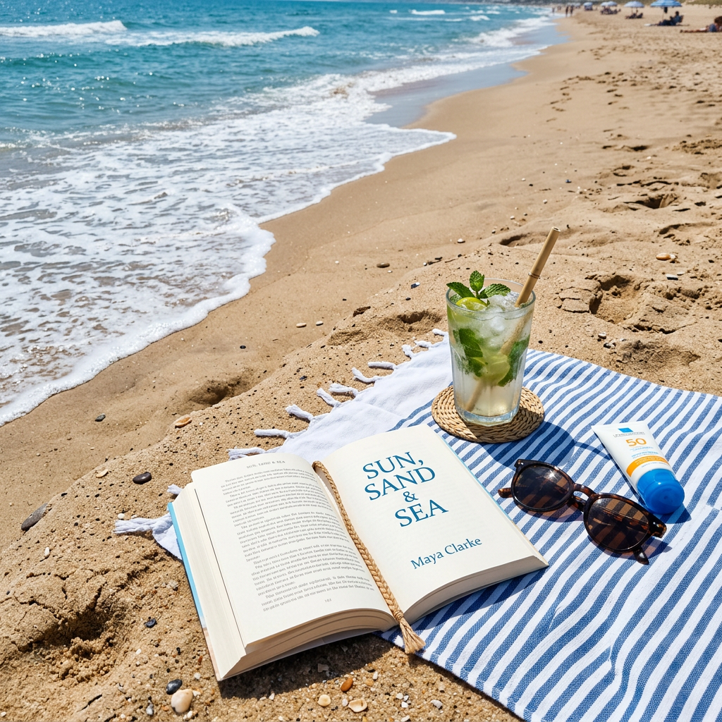 Book titled 'Sun, Sand & Sea' on towel with sunglasses, sunscreen, and iced drink on sandy beach