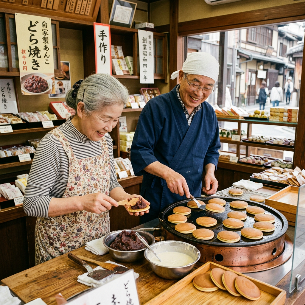 Two Japanese confectioners preparing dorayaki with red bean filling