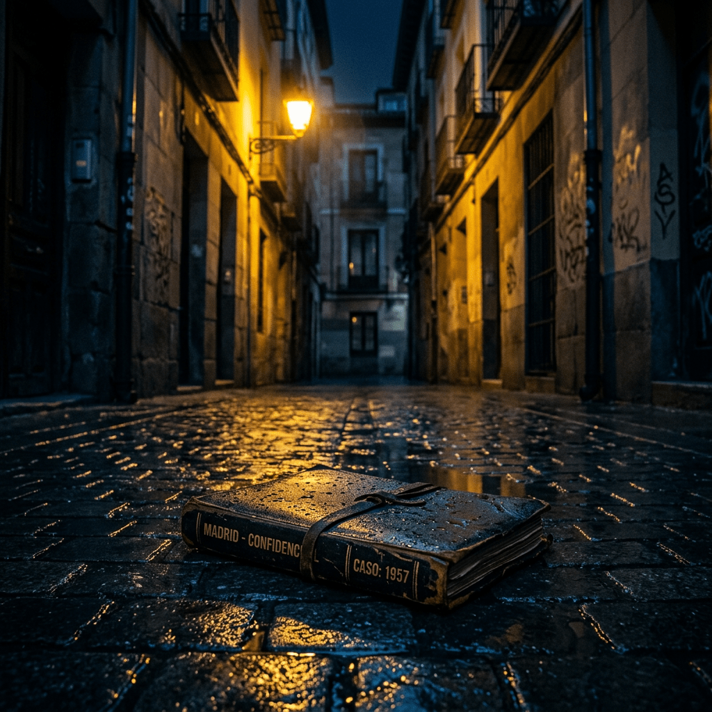 Two wet mystery books labeled Madrid-Confidencial and Caso: 1957 on cobblestones