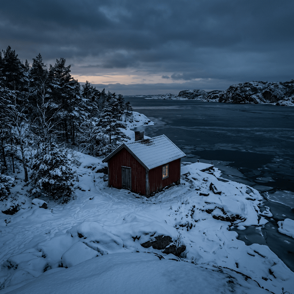 Red cabin beside a partially frozen lake in a snowy winter landscape