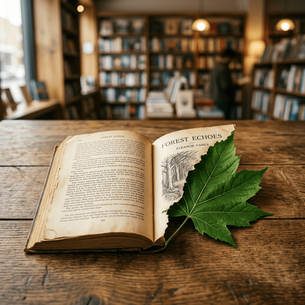 Open book titled Forest Echoes with a green leaf on a wooden table