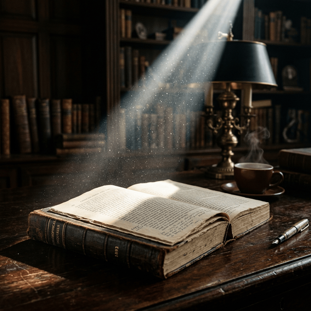 Open antique book beside coffee and lamp in a library study