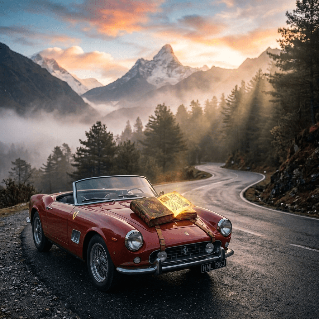 Red vintage convertible with open book on a winding mountain road