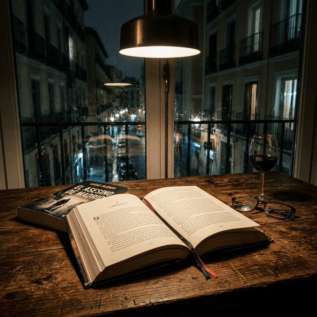 Open book, wine glass, and eyeglasses on a wooden table by rainy window
