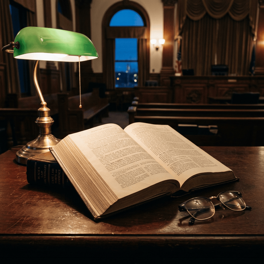 Open law book, reading glasses, and green lamp on courtroom desk